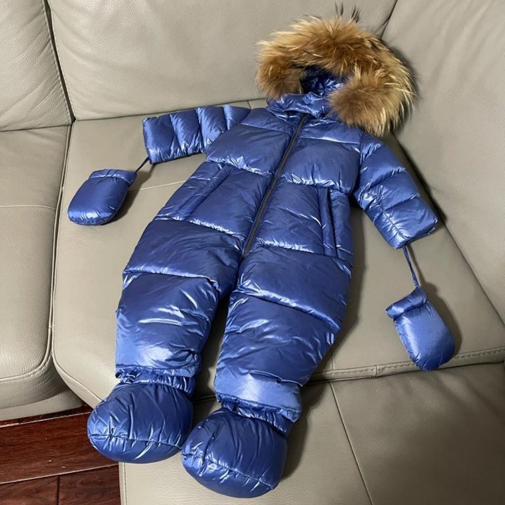 Add Down Metallic Blue Puffer Snowsuit with Faux Fur Hood